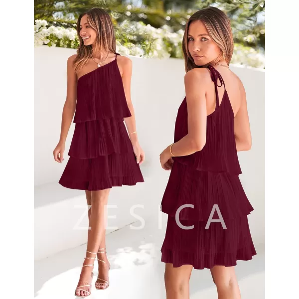 imageZESICA Womens 2023 Boho Summer One Shoulder Sleeveless Ruffle Tiered Layered Chiffon Pleated A Line Flowy Mini DressFuchsia
