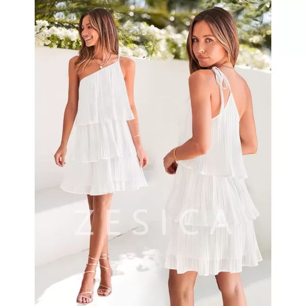 imageZESICA Womens 2023 Boho Summer One Shoulder Sleeveless Ruffle Tiered Layered Chiffon Pleated A Line Flowy Mini DressIvory