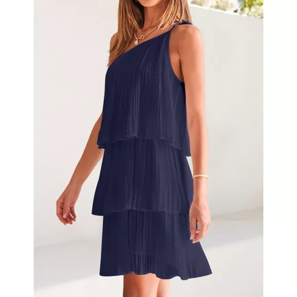 imageZESICA Womens 2023 Boho Summer One Shoulder Sleeveless Ruffle Tiered Layered Chiffon Pleated A Line Flowy Mini DressNavy