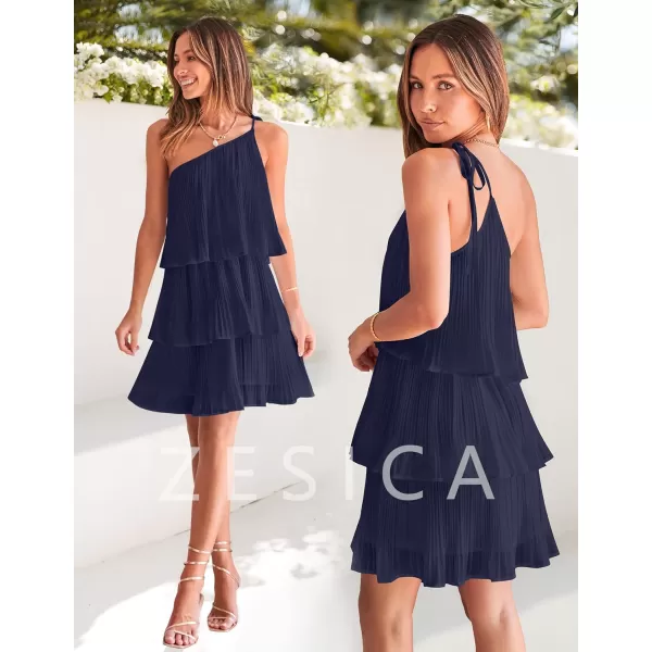 imageZESICA Womens 2023 Boho Summer One Shoulder Sleeveless Ruffle Tiered Layered Chiffon Pleated A Line Flowy Mini DressNavy