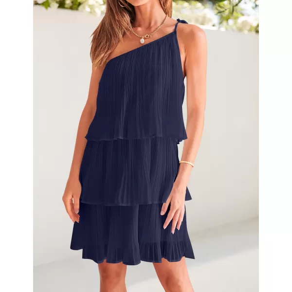 imageZESICA Womens 2023 Boho Summer One Shoulder Sleeveless Ruffle Tiered Layered Chiffon Pleated A Line Flowy Mini DressNavy