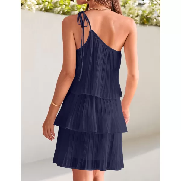 imageZESICA Womens 2023 Boho Summer One Shoulder Sleeveless Ruffle Tiered Layered Chiffon Pleated A Line Flowy Mini DressNavy