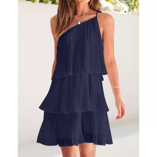 imageZESICA Womens 2023 Boho Summer One Shoulder Sleeveless Ruffle Tiered Layered Chiffon Pleated A Line Flowy Mini DressNavy