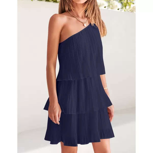 imageZESICA Womens 2023 Boho Summer One Shoulder Sleeveless Ruffle Tiered Layered Chiffon Pleated A Line Flowy Mini DressNavy