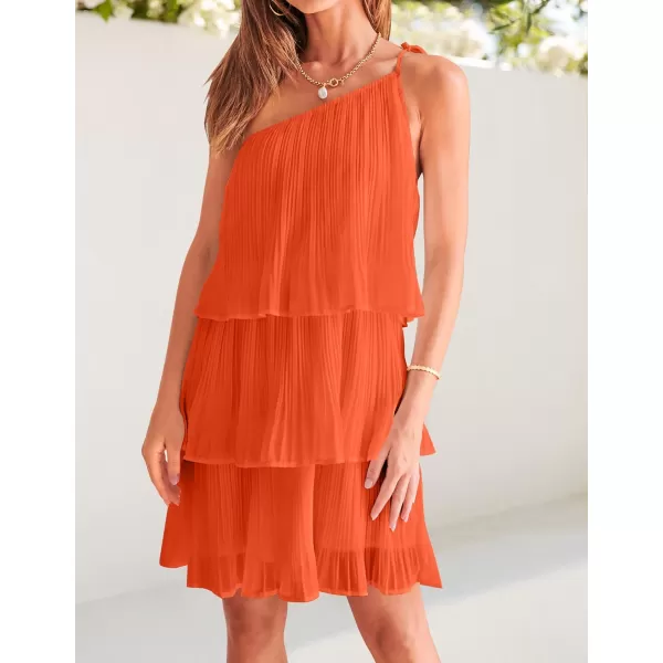 imageZESICA Womens 2023 Boho Summer One Shoulder Sleeveless Ruffle Tiered Layered Chiffon Pleated A Line Flowy Mini DressOrange