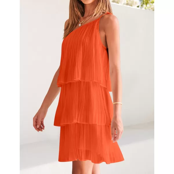imageZESICA Womens 2023 Boho Summer One Shoulder Sleeveless Ruffle Tiered Layered Chiffon Pleated A Line Flowy Mini DressOrange