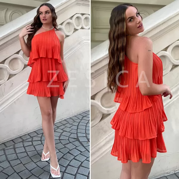 imageZESICA Womens 2023 Boho Summer One Shoulder Sleeveless Ruffle Tiered Layered Chiffon Pleated A Line Flowy Mini DressOrange