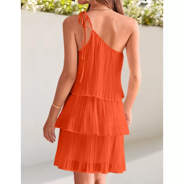 imageZESICA Womens 2023 Boho Summer One Shoulder Sleeveless Ruffle Tiered Layered Chiffon Pleated A Line Flowy Mini DressOrange