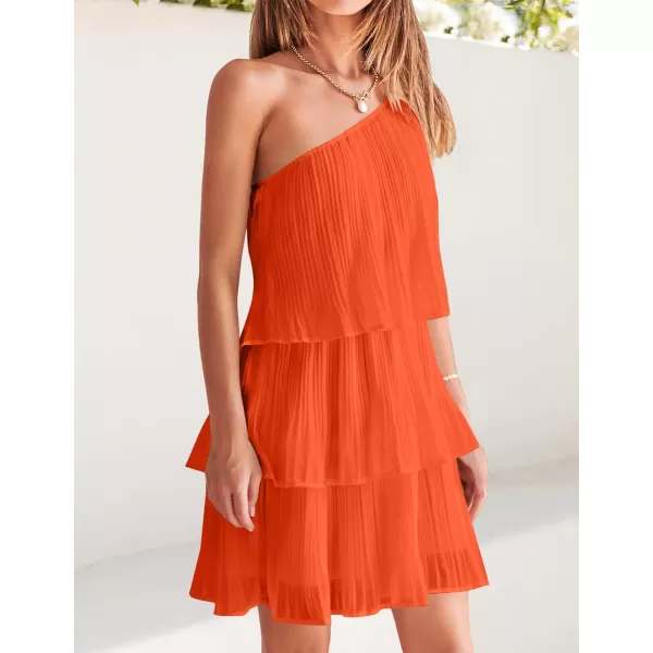 imageZESICA Womens 2023 Boho Summer One Shoulder Sleeveless Ruffle Tiered Layered Chiffon Pleated A Line Flowy Mini DressOrange