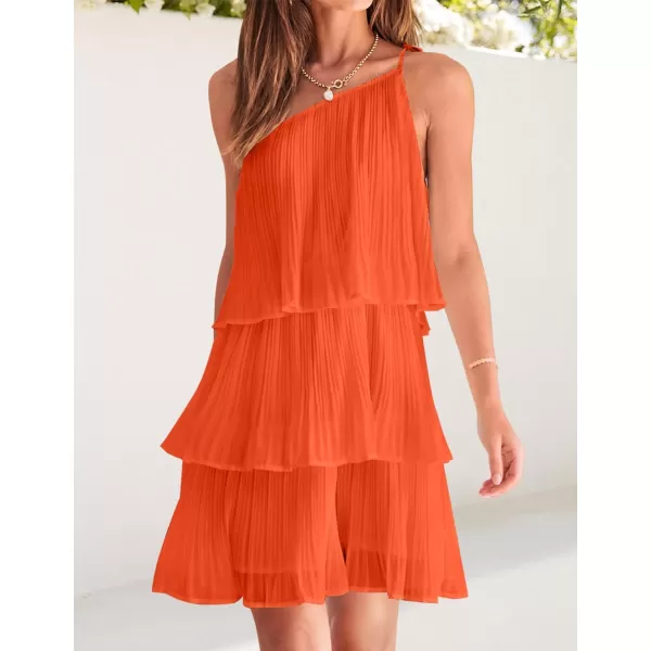 imageZESICA Womens 2023 Boho Summer One Shoulder Sleeveless Ruffle Tiered Layered Chiffon Pleated A Line Flowy Mini DressOrange