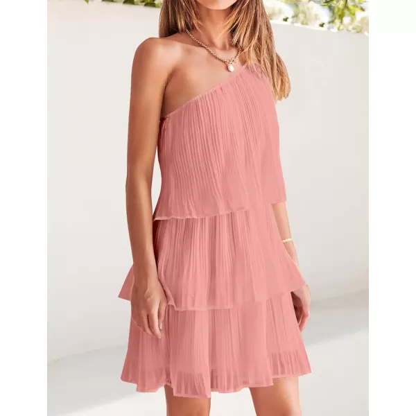 imageZESICA Womens 2023 Boho Summer One Shoulder Sleeveless Ruffle Tiered Layered Chiffon Pleated A Line Flowy Mini DressPink