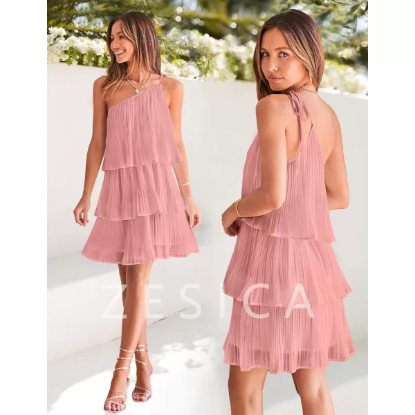 imageZESICA Womens 2023 Boho Summer One Shoulder Sleeveless Ruffle Tiered Layered Chiffon Pleated A Line Flowy Mini DressPink