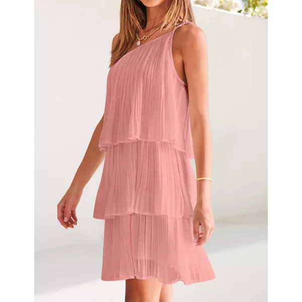 imageZESICA Womens 2023 Boho Summer One Shoulder Sleeveless Ruffle Tiered Layered Chiffon Pleated A Line Flowy Mini DressPink
