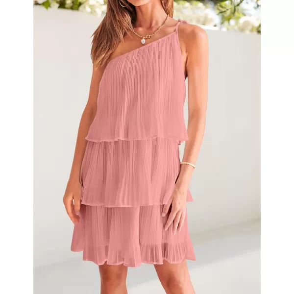 imageZESICA Womens 2023 Boho Summer One Shoulder Sleeveless Ruffle Tiered Layered Chiffon Pleated A Line Flowy Mini DressPink