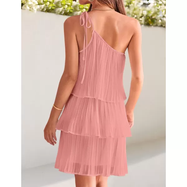imageZESICA Womens 2023 Boho Summer One Shoulder Sleeveless Ruffle Tiered Layered Chiffon Pleated A Line Flowy Mini DressPink
