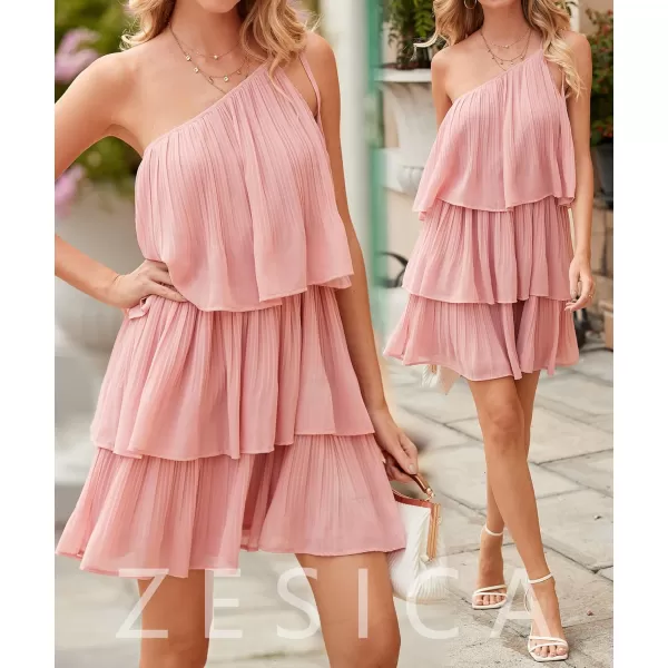 imageZESICA Womens 2023 Boho Summer One Shoulder Sleeveless Ruffle Tiered Layered Chiffon Pleated A Line Flowy Mini DressPink