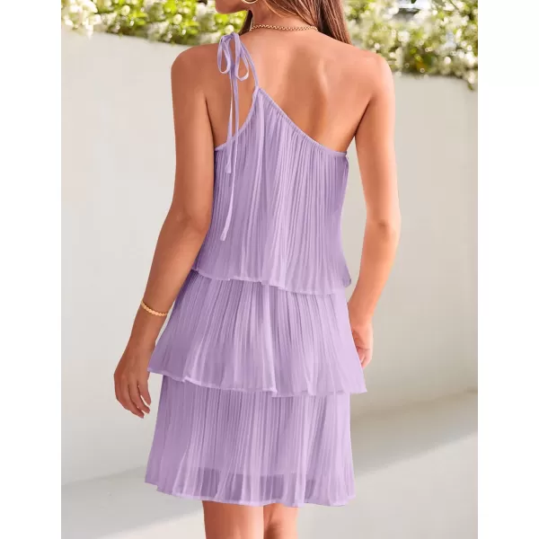 imageZESICA Womens 2023 Boho Summer One Shoulder Sleeveless Ruffle Tiered Layered Chiffon Pleated A Line Flowy Mini DressPurple