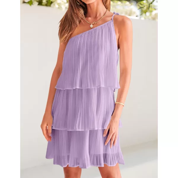 imageZESICA Womens 2023 Boho Summer One Shoulder Sleeveless Ruffle Tiered Layered Chiffon Pleated A Line Flowy Mini DressPurple