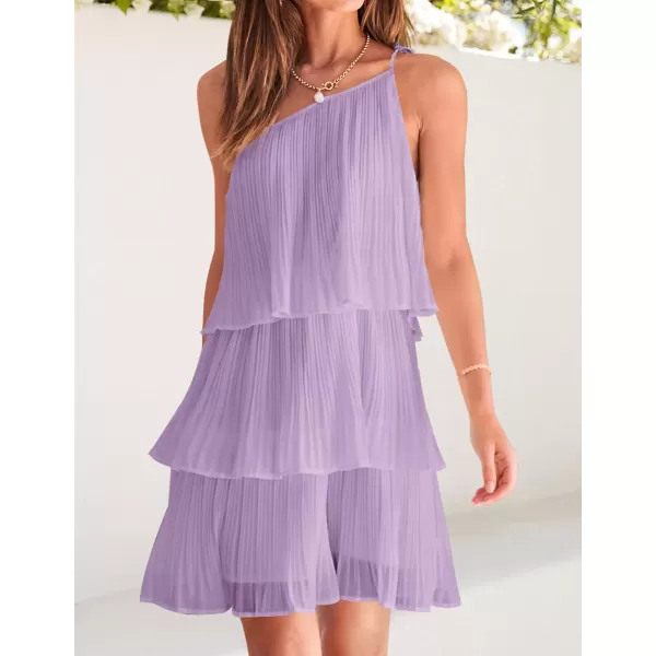 imageZESICA Womens 2023 Boho Summer One Shoulder Sleeveless Ruffle Tiered Layered Chiffon Pleated A Line Flowy Mini DressPurple