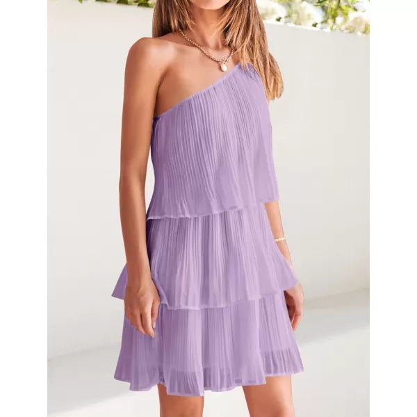 imageZESICA Womens 2023 Boho Summer One Shoulder Sleeveless Ruffle Tiered Layered Chiffon Pleated A Line Flowy Mini DressPurple