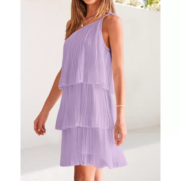 imageZESICA Womens 2023 Boho Summer One Shoulder Sleeveless Ruffle Tiered Layered Chiffon Pleated A Line Flowy Mini DressPurple