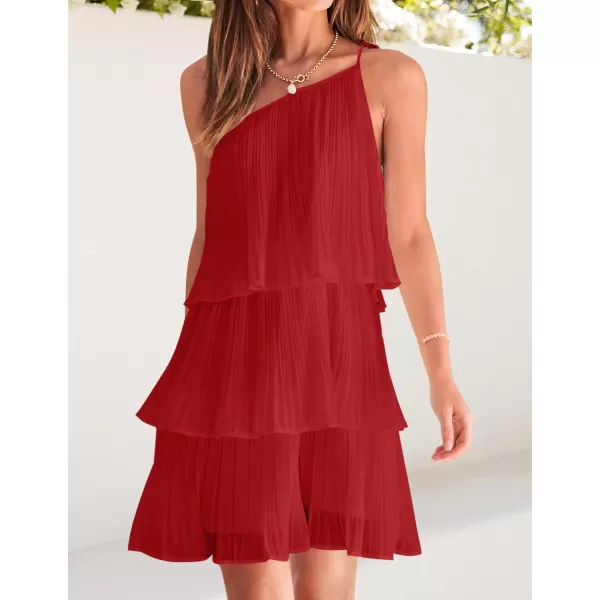 imageZESICA Womens 2023 Boho Summer One Shoulder Sleeveless Ruffle Tiered Layered Chiffon Pleated A Line Flowy Mini DressRed