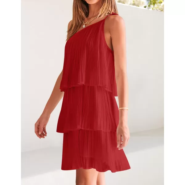 imageZESICA Womens 2023 Boho Summer One Shoulder Sleeveless Ruffle Tiered Layered Chiffon Pleated A Line Flowy Mini DressRed