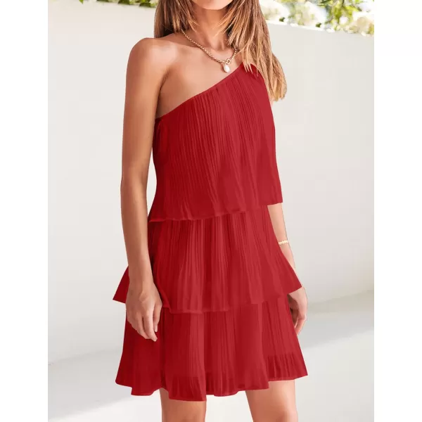 imageZESICA Womens 2023 Boho Summer One Shoulder Sleeveless Ruffle Tiered Layered Chiffon Pleated A Line Flowy Mini DressRed