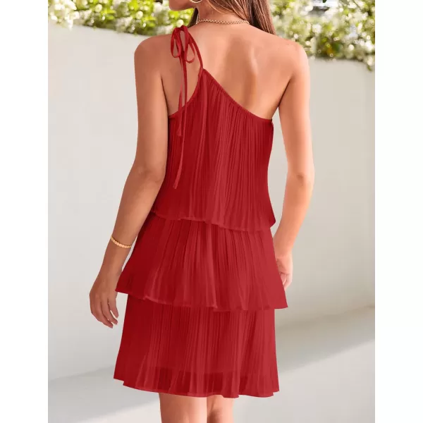 imageZESICA Womens 2023 Boho Summer One Shoulder Sleeveless Ruffle Tiered Layered Chiffon Pleated A Line Flowy Mini DressRed