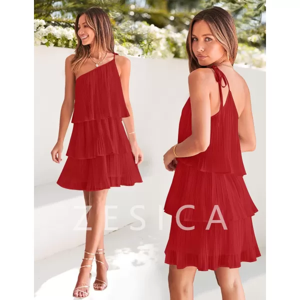 imageZESICA Womens 2023 Boho Summer One Shoulder Sleeveless Ruffle Tiered Layered Chiffon Pleated A Line Flowy Mini DressRed
