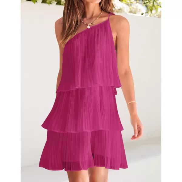 imageZESICA Womens 2023 Boho Summer One Shoulder Sleeveless Ruffle Tiered Layered Chiffon Pleated A Line Flowy Mini DressRose