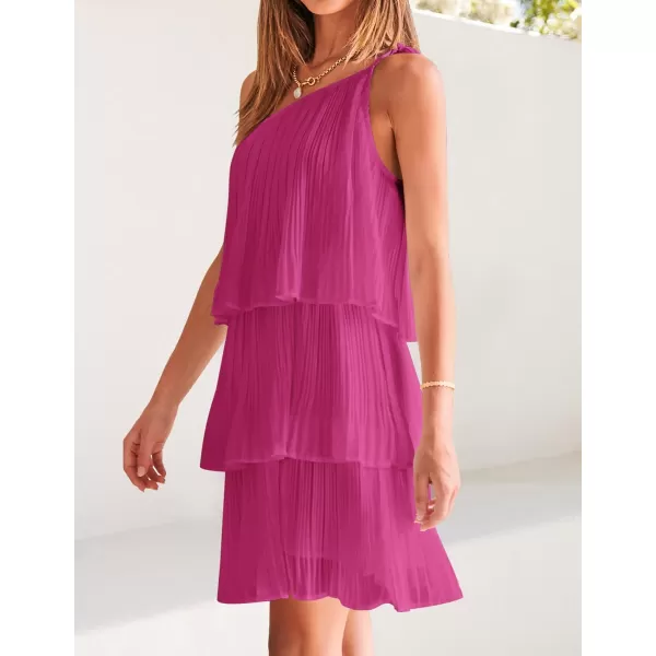 imageZESICA Womens 2023 Boho Summer One Shoulder Sleeveless Ruffle Tiered Layered Chiffon Pleated A Line Flowy Mini DressRose