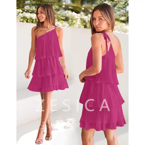 imageZESICA Womens 2023 Boho Summer One Shoulder Sleeveless Ruffle Tiered Layered Chiffon Pleated A Line Flowy Mini DressRose
