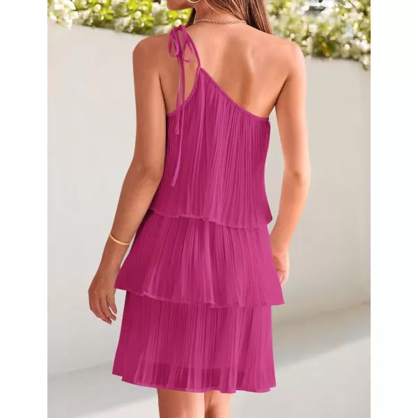 imageZESICA Womens 2023 Boho Summer One Shoulder Sleeveless Ruffle Tiered Layered Chiffon Pleated A Line Flowy Mini DressRose