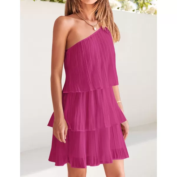 imageZESICA Womens 2023 Boho Summer One Shoulder Sleeveless Ruffle Tiered Layered Chiffon Pleated A Line Flowy Mini DressRose