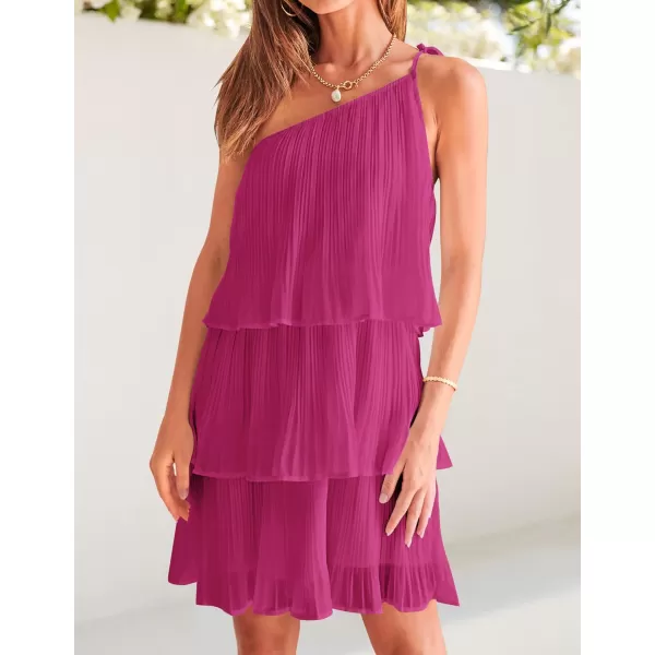imageZESICA Womens 2023 Boho Summer One Shoulder Sleeveless Ruffle Tiered Layered Chiffon Pleated A Line Flowy Mini DressRose