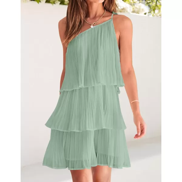 imageZESICA Womens 2023 Boho Summer One Shoulder Sleeveless Ruffle Tiered Layered Chiffon Pleated A Line Flowy Mini DressSage