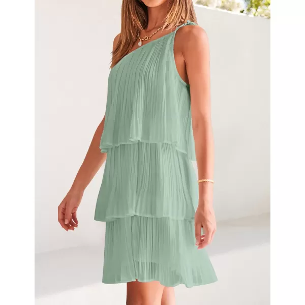 imageZESICA Womens 2023 Boho Summer One Shoulder Sleeveless Ruffle Tiered Layered Chiffon Pleated A Line Flowy Mini DressSage