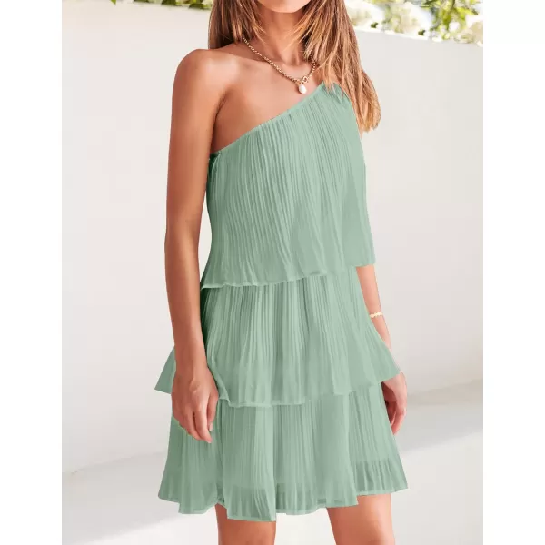 imageZESICA Womens 2023 Boho Summer One Shoulder Sleeveless Ruffle Tiered Layered Chiffon Pleated A Line Flowy Mini DressSage
