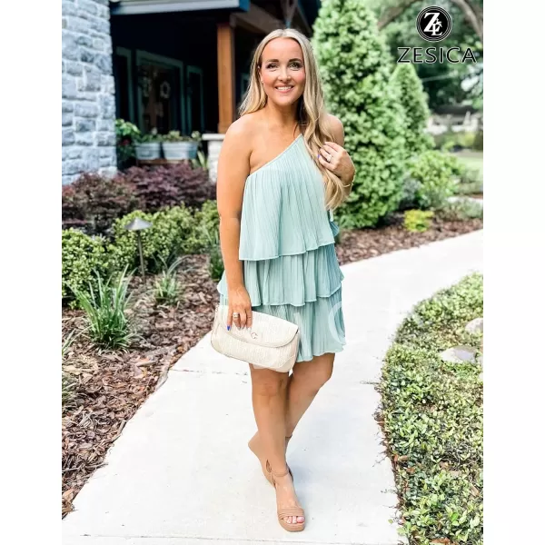 imageZESICA Womens 2023 Boho Summer One Shoulder Sleeveless Ruffle Tiered Layered Chiffon Pleated A Line Flowy Mini DressSage