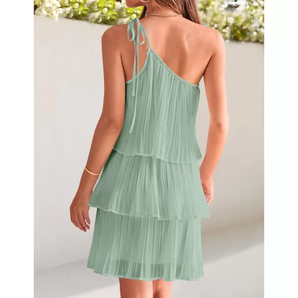 imageZESICA Womens 2023 Boho Summer One Shoulder Sleeveless Ruffle Tiered Layered Chiffon Pleated A Line Flowy Mini DressSage