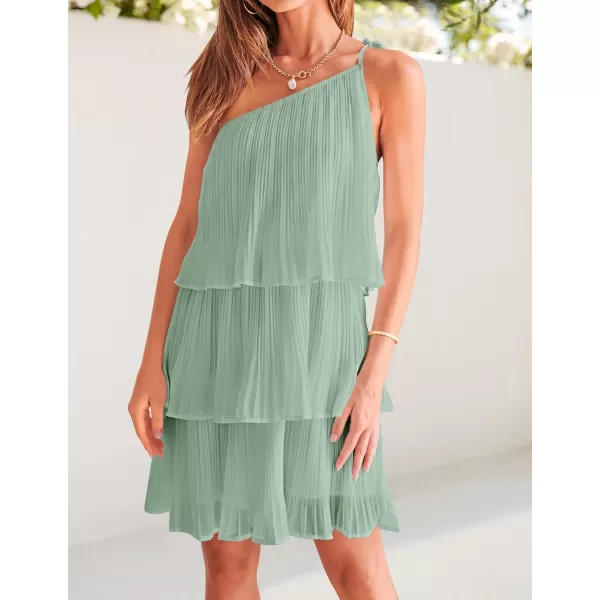 imageZESICA Womens 2023 Boho Summer One Shoulder Sleeveless Ruffle Tiered Layered Chiffon Pleated A Line Flowy Mini DressSage