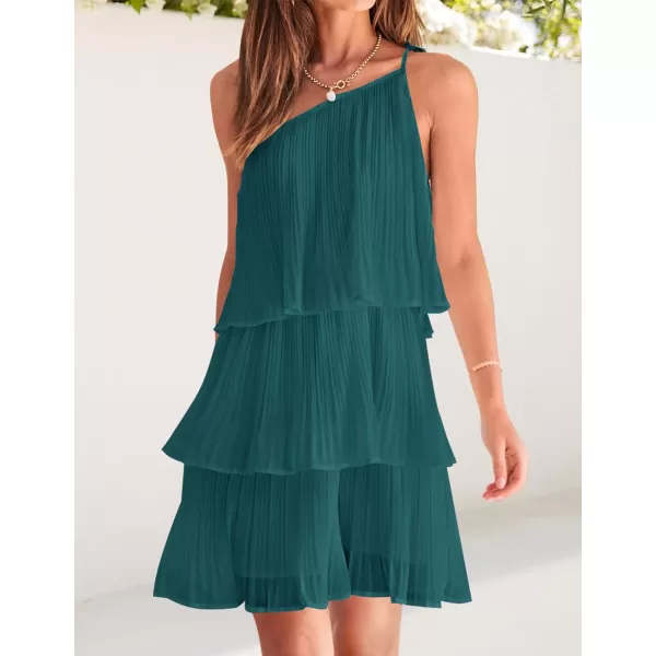 imageZESICA Womens 2023 Boho Summer One Shoulder Sleeveless Ruffle Tiered Layered Chiffon Pleated A Line Flowy Mini DressTeal