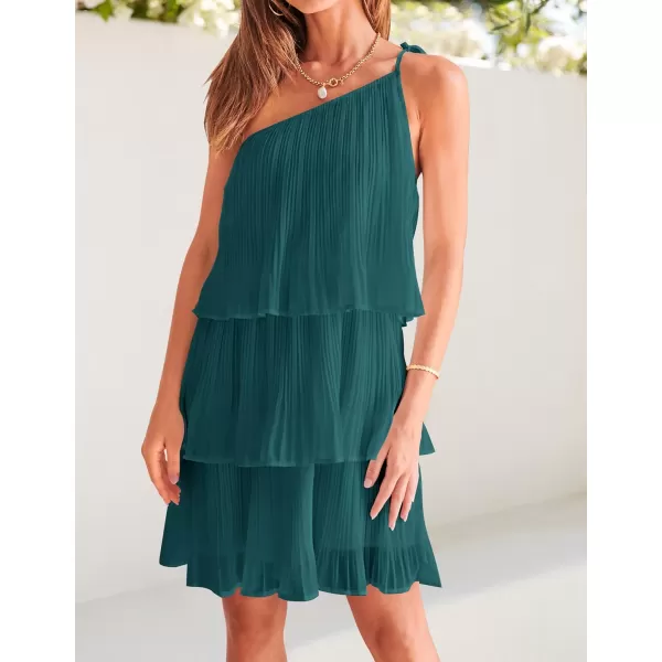 imageZESICA Womens 2023 Boho Summer One Shoulder Sleeveless Ruffle Tiered Layered Chiffon Pleated A Line Flowy Mini DressTeal
