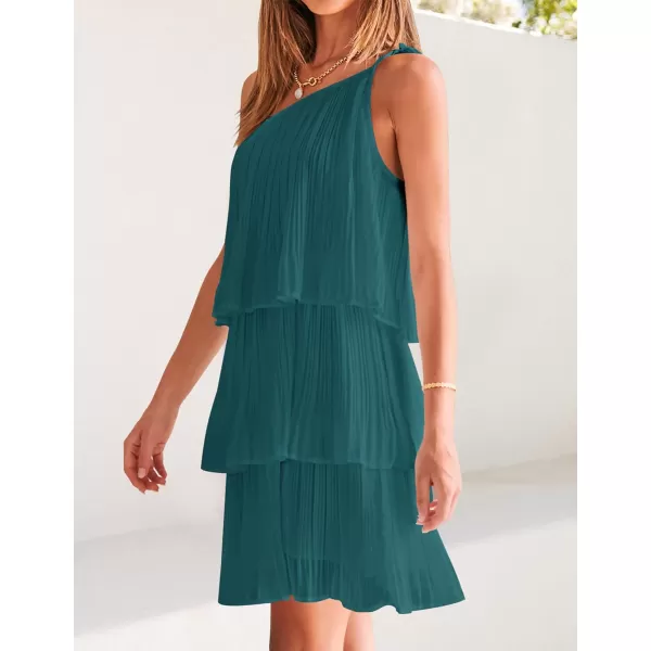 imageZESICA Womens 2023 Boho Summer One Shoulder Sleeveless Ruffle Tiered Layered Chiffon Pleated A Line Flowy Mini DressTeal