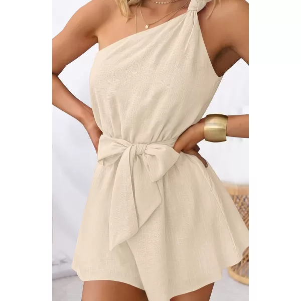 imageZESICA Womens 2023 Boho Summer Romper One Shoulder Sleeveless Tie Waist Beach Short Jumpsuit PlaysuitApricot