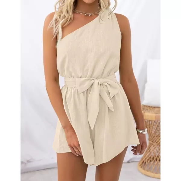 imageZESICA Womens 2023 Boho Summer Romper One Shoulder Sleeveless Tie Waist Beach Short Jumpsuit PlaysuitApricot