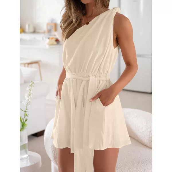 imageZESICA Womens 2023 Boho Summer Romper One Shoulder Sleeveless Tie Waist Beach Short Jumpsuit PlaysuitApricot