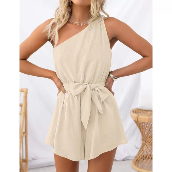 imageZESICA Womens 2023 Boho Summer Romper One Shoulder Sleeveless Tie Waist Beach Short Jumpsuit PlaysuitApricot