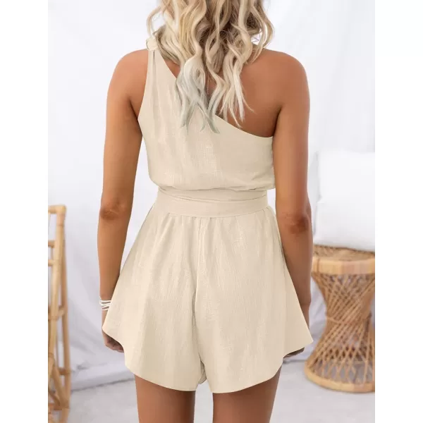 imageZESICA Womens 2023 Boho Summer Romper One Shoulder Sleeveless Tie Waist Beach Short Jumpsuit PlaysuitApricot